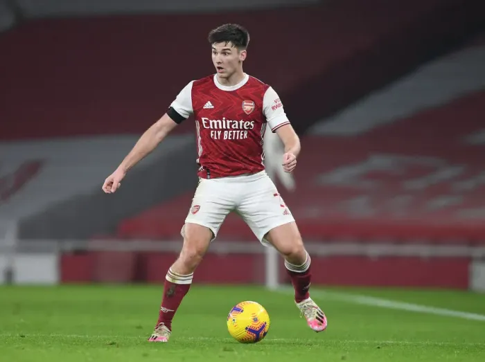 Framed Print : Arsenal's Kieran Tierney in Action at Empty Emirates: Arsenal vs. Wolverhampton Wanderers (Premier League 2020-21)