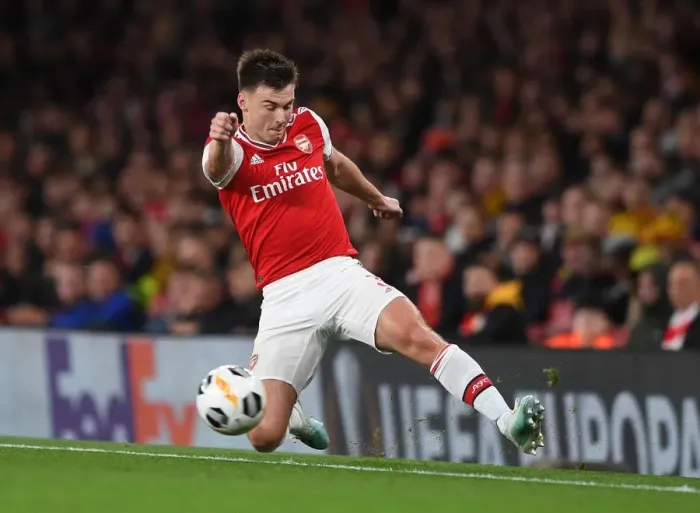 Framed Print : Arsenal's Kieran Tierney in Action during Europa League Match against Standard Liege Framed Print : Arsenal's Kieran Tierney in Action during Europa League Match against Standard Liege