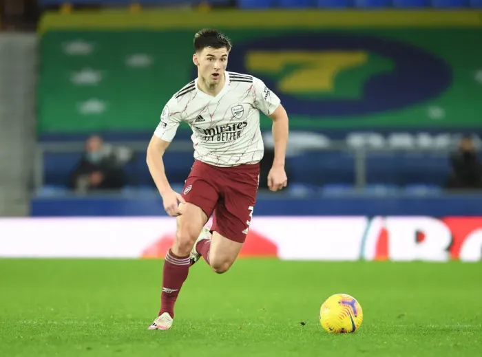 Framed Print : Arsenal's Kieran Tierney in Action Against Everton - Premier League 2020-21