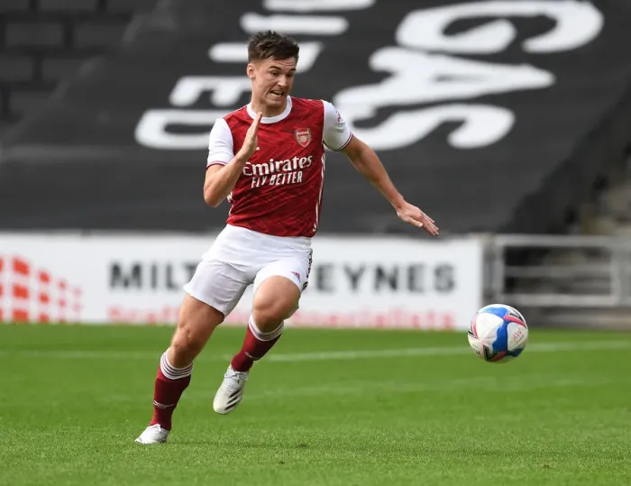 Framed Print : Arsenal's Kieran Tierney in Action: MK Dons Pre-Season Clash