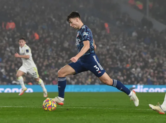 Framed Print : Arsenal's Kieran Tierney in Action: Premier League Showdown against Leeds United (2021-22) Framed Print : Arsenal's Kieran Tierney in Action: Premier League Showdown against Leeds United (2021-22)