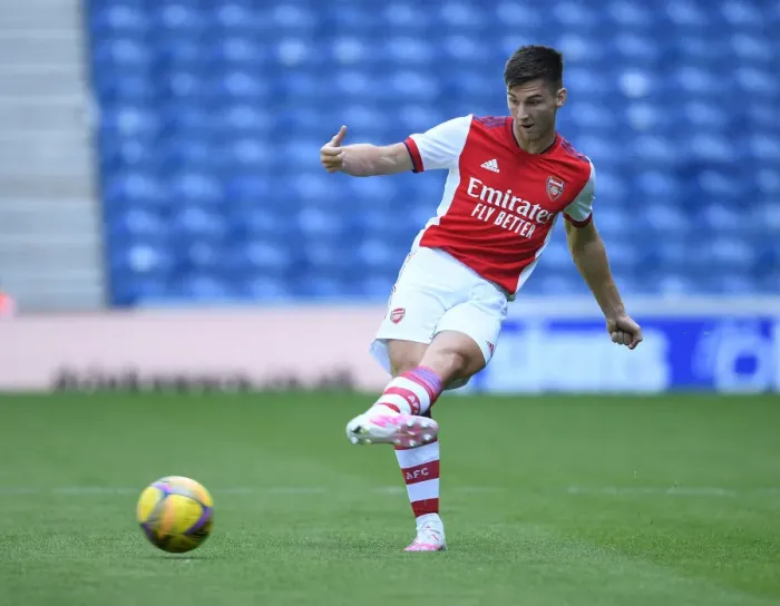 Framed Print : Arsenal's Kieran Tierney in Action Against Rangers at Ibrox Stadium