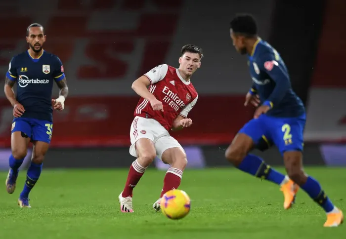 Framed Print : Arsenal's Kieran Tierney in Action Against Southampton (Premier League 2020-21) Framed Print : Arsenal's Kieran Tierney in Action Against Southampton (Premier League 2020-21)