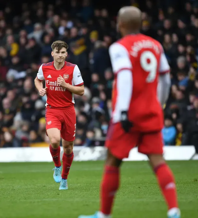 Framed Print : Arsenal's Kieran Tierney in Action: Watford vs Arsenal, Premier League 2021-22