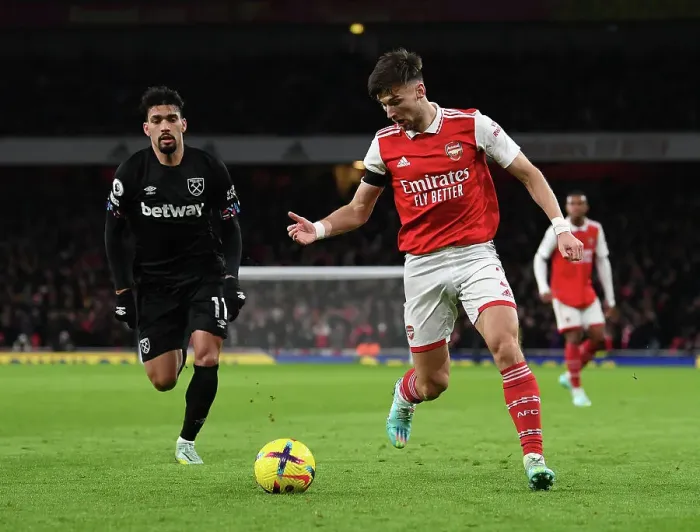 Framed Print : Arsenal's Kieran Tierney in Action against West Ham United - Premier League 2022-23
