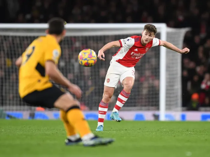 Framed Print : Arsenal's Kieran Tierney in Action Against Wolverhampton Wanderers in the Premier League