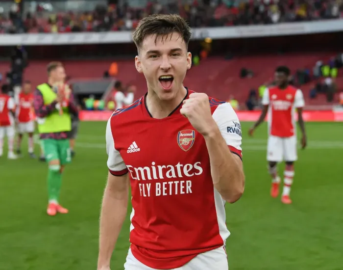 Framed Print : Arsenal's Kieran Tierney Celebrates Derby-Winning Goal vs. Tottenham, Premier League 2021-22