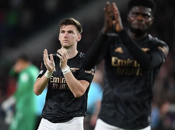 Arsenal's Kieran Tierney Celebrates with Fans after PSV Victory, Europa League 2022-23
