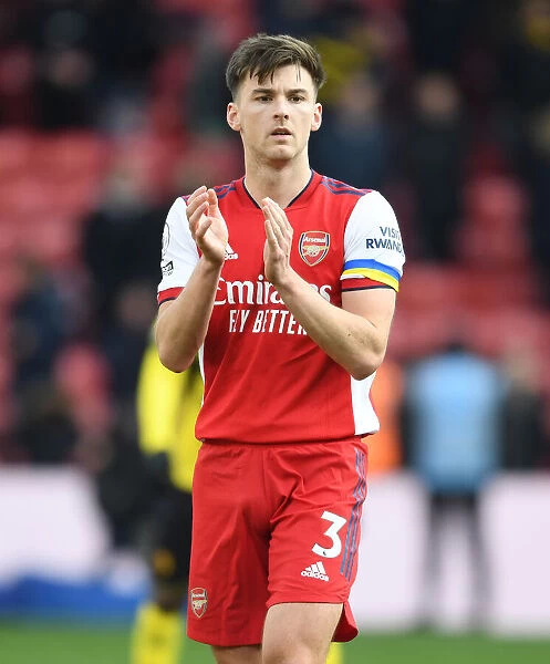 Arsenal's Kieran Tierney Celebrates with Fans after Watford Victory
