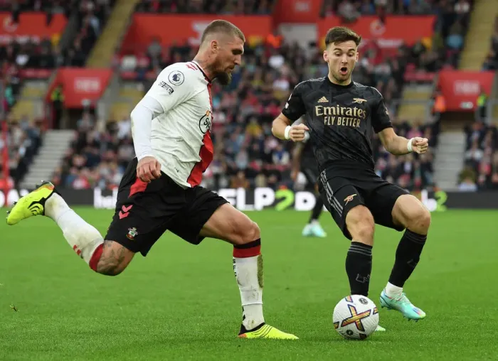 Framed Print : Arsenal's Kieran Tierney Closes Down Southampton's Lyanco in 2022-23 Premier League Clash