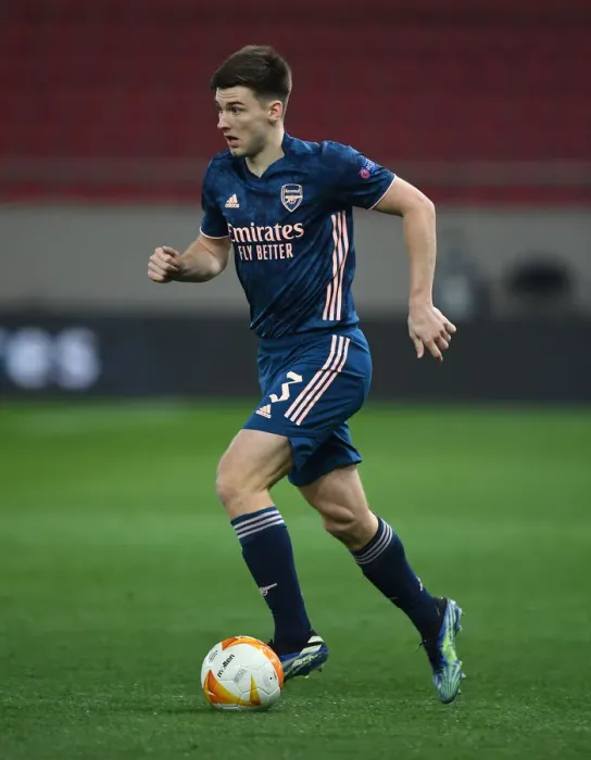 Framed Print : Arsenal's Kieran Tierney in Empty Europa League Action: Olympiacos vs. Arsenal (2021)