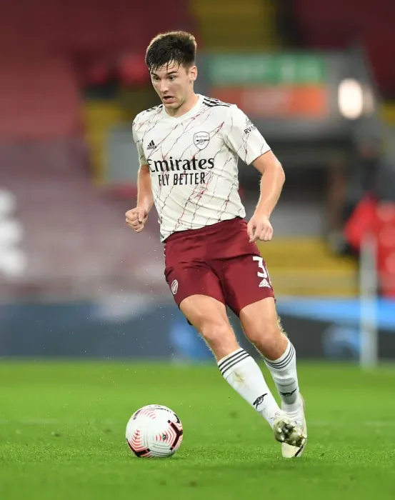 Framed Print : Arsenal's Kieran Tierney Faces Liverpool at Anfield in Empty Premier League Arena, 2020-21 Season