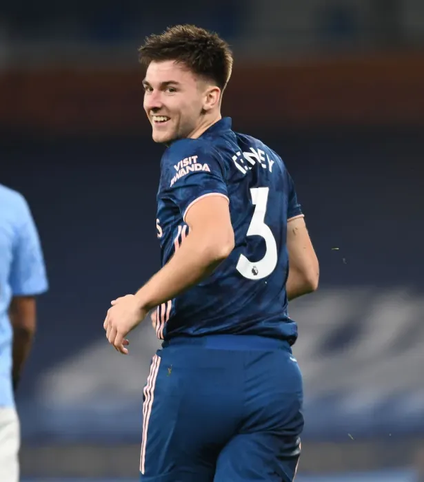 Framed Print : Arsenal's Kieran Tierney Faces Manchester City in Empty Etihad Stadium (2020-21 Premier League)