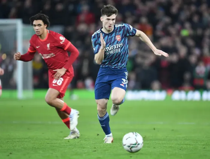 Framed Print : Arsenal's Kieran Tierney Faces Off Against Liverpool in Carabao Cup Semi-Final Clash Framed Print : Arsenal's Kieran Tierney Faces Off Against Liverpool in Carabao Cup Semi-Final Clash