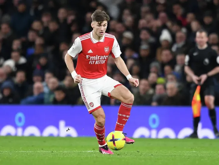 Framed Print : Arsenal's Kieran Tierney Faces Off Against Tottenham Hotspur in Intense Premier League Clash, 2022-23