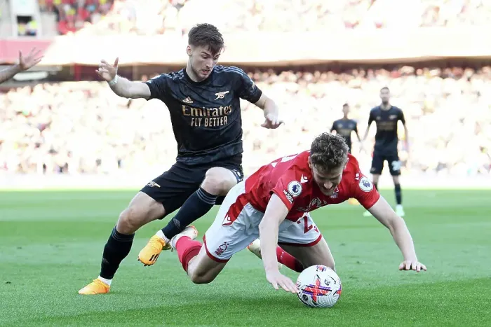 Framed Print : Arsenal's Kieran Tierney Fights for Possession Against Nottingham Forest in Premier League Clash Framed Print : Arsenal's Kieran Tierney Fights for Possession Against Nottingham Forest in Premier League Clash