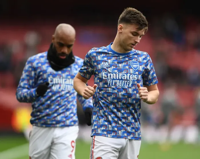 Framed Print : Arsenal's Kieran Tierney Gears Up for Arsenal v Leicester City Clash (2021-22) Framed Print : Arsenal's Kieran Tierney Gears Up for Arsenal v Leicester City Clash (2021-22)