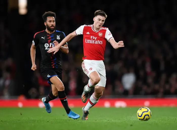 Framed Print : Arsenal's Kieran Tierney Goes Head-to-Head with Andros Townsend in Premier League Showdown Framed Print : Arsenal's Kieran Tierney Goes Head-to-Head with Andros Townsend in Premier League Showdown