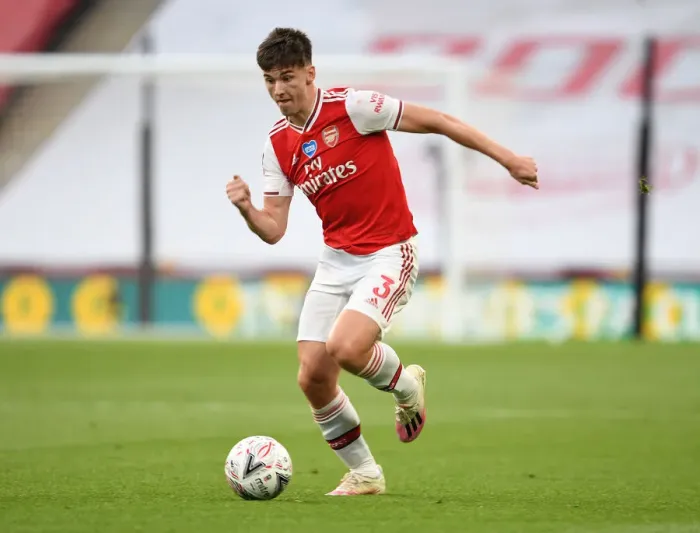 Framed Print : Arsenal's Kieran Tierney Goes Head-to-Head with Manchester City in FA Cup Semi-Final Showdown