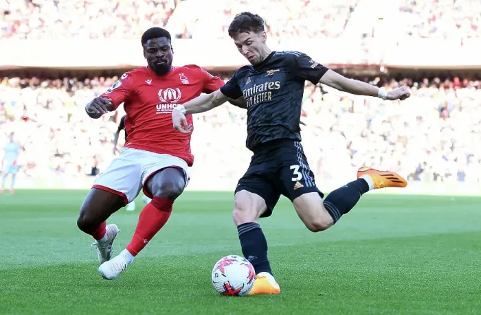 Framed Print : Arsenal's Kieran Tierney Goes Head-to-Head with Nottingham Forest: Premier League Showdown, May 2023