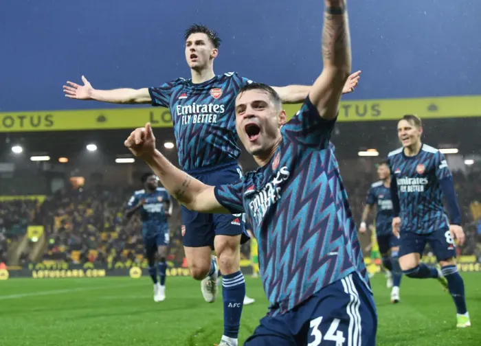 Framed Print : Arsenal's Kieran Tierney and Granit Xhaka Celebrate Goals Against Norwich City (December 2021) Framed Print : Arsenal's Kieran Tierney and Granit Xhaka Celebrate Goals Against Norwich City (December 2021)