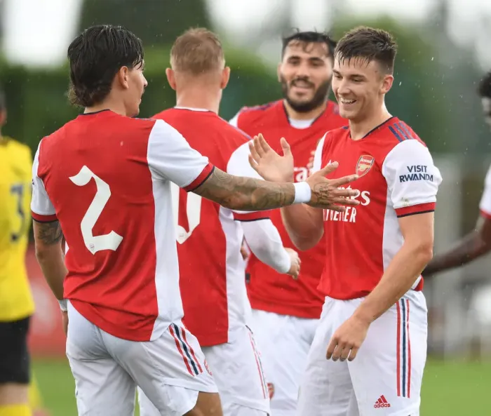Framed Print : Arsenal's Kieran Tierney and Hector Bellerin Celebrate Goal in Arsenal v Watford Pre-Season Friendly