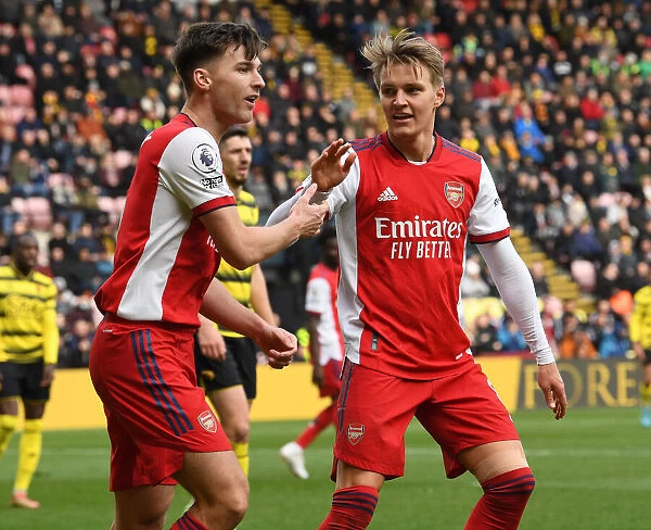 Arsenal's Kieran Tierney and Martin Odegaard in Action against Watford, Premier League 2021-22
