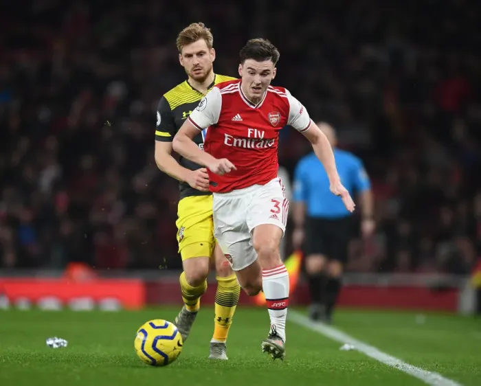 Framed Print : Arsenal's Kieran Tierney Outsmarts Stuart Armstrong: A Premier League Masterclass Framed Print : Arsenal's Kieran Tierney Outsmarts Stuart Armstrong: A Premier League Masterclass