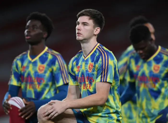 Framed Print : Arsenal's Kieran Tierney: Pre-Match Focus at Empty Emirates Stadium vs Leicester City (2020-21)