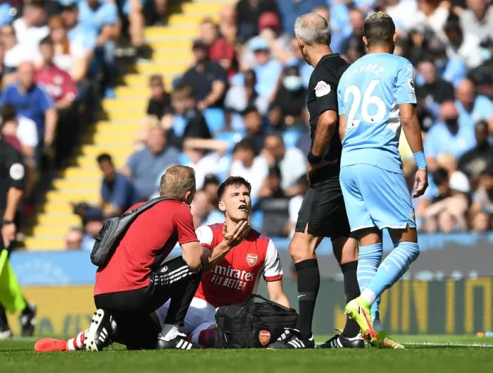 Framed Print : Arsenal's Kieran Tierney Protests to Referee during Manchester City Clash - Premier League 2021-22