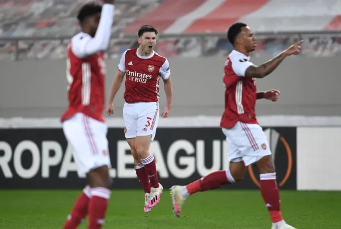 Framed Print : Arsenal's Kieran Tierney Scores in Europa League Victory over SL Benfica