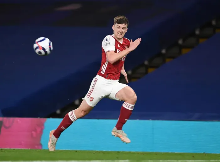 Framed Print : Arsenal's Kieran Tierney at Empty Stamford Bridge: 2021 Premier League Showdown Amid Pandemic Restrictions