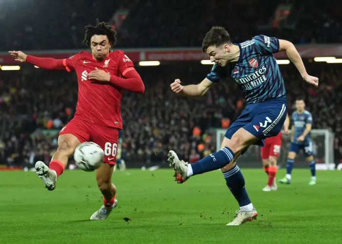 Framed Print : Arsenal's Kieran Tierney vs. Liverpool's Trent Alexander-Arnold: A Carabao Cup Semi-Final Showdown