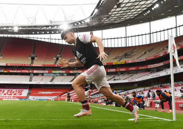 Framed Print : Arsenal's Kieran Tierney Warms Up Ahead of Emirates Showdown: Arsenal v West Bromwich Albion (2021-22 Premier League)