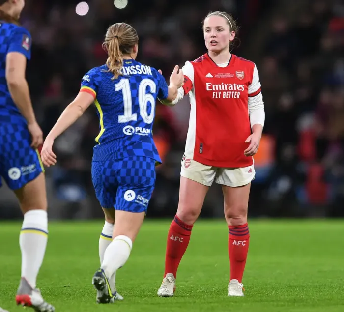 Framed Print : Arsenal's Kim Little and Chelsea's Magdalena Eriksson Share a Moment after FA Women's Cup Final at Wembley Stadium Framed Print : Arsenal's Kim Little and Chelsea's Magdalena Eriksson Share a Moment after FA Women's Cup Final at Wembley Stadium