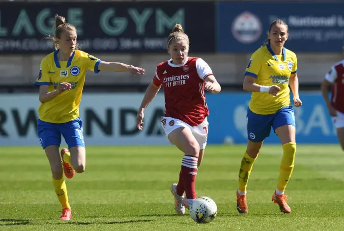 Framed Print : Arsenal's Kim Little Faces Off Against Brighton in Empty FA WSL Match