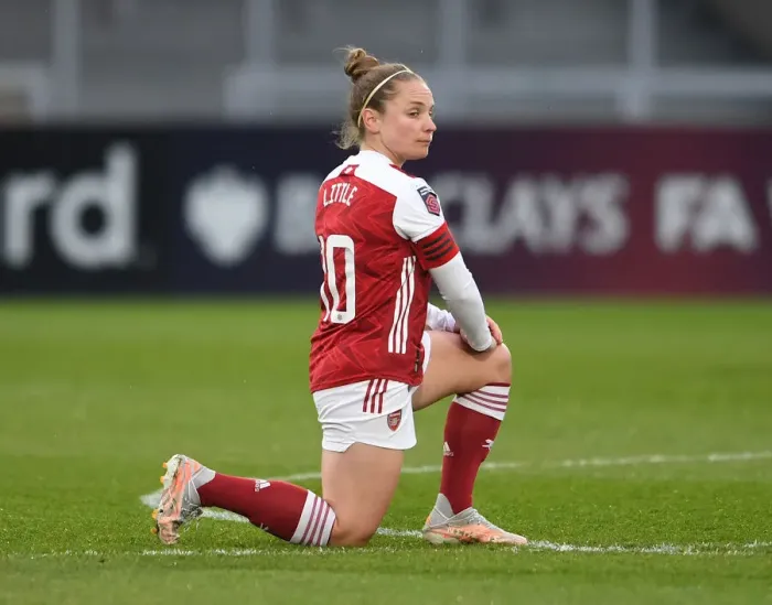 Framed Print : Arsenal's Kim Little Kneels in Empty Meadow Park: Arsenal Women vs West Ham United Women, FA WSL 2021