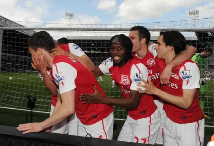 Framed Print : Arsenal's Koscielny, Benayoun, Gervinho, and Coquelin Celebrate Goals Against West Bromwich Albion (2011-12)