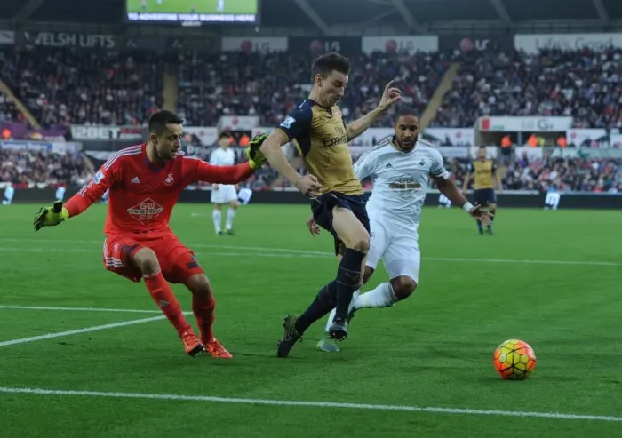 Framed Print : Arsenal's Koscielny Faces Off Against Swansea's Fabianski and Williams (2015-16) Framed Print : Arsenal's Koscielny Faces Off Against Swansea's Fabianski and Williams (2015-16)
