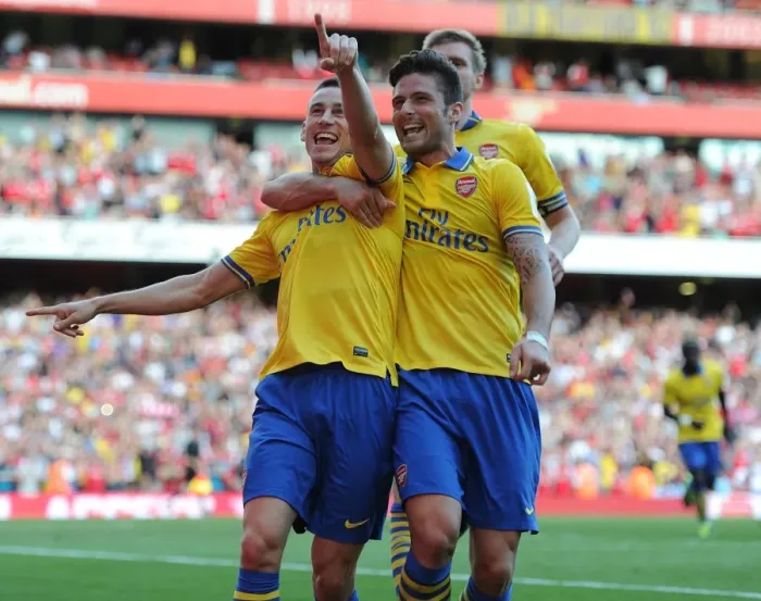 Framed Print : Arsenal's Koscielny and Giroud Celebrate Goal During Emirates Cup Match (2013-14: Arsenal vs Napoli) Framed Print : Arsenal's Koscielny and Giroud Celebrate Goal During Emirates Cup Match (2013-14: Arsenal vs Napoli)