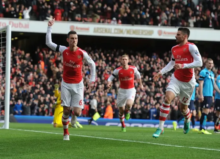 Framed Print : Arsenal's Koscielny and Giroud Celebrate Goal Against Stoke City (2014-15)