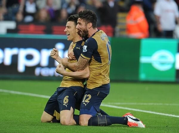 Arsenal's Koscielny and Giroud Celebrate Goals Against Swansea City (2015-16)