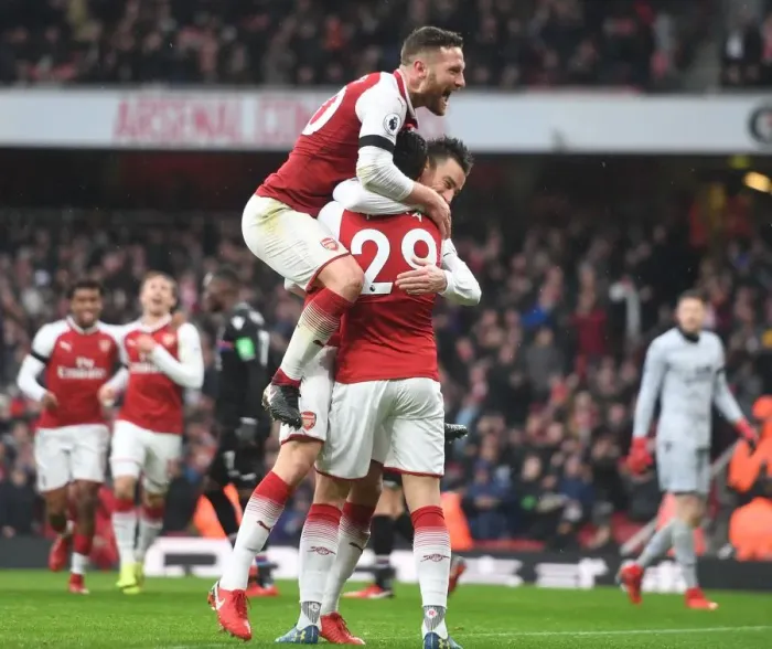 Framed Print : Arsenal's Koscielny, Mustafi, and Xhaka Celebrate Goals Against Crystal Palace Framed Print : Arsenal's Koscielny, Mustafi, and Xhaka Celebrate Goals Against Crystal Palace