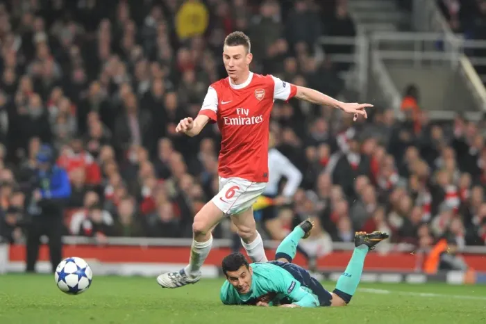 Framed Print : Arsenal's Koscielny Scores Against Barcelona's Pedro in 2011 Champions League Clash at Emirates Stadium