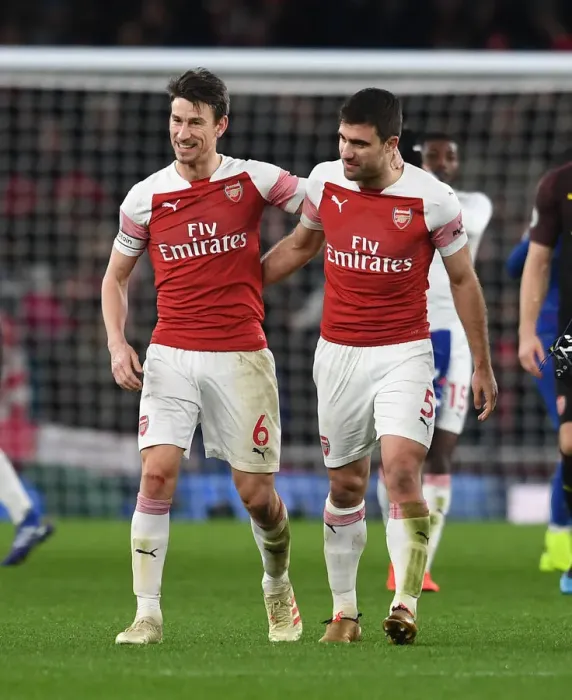 Framed Print : Arsenal's Koscielny and Sokratis Celebrate after Arsenal FC vs Chelsea FC, Premier League 2018-19