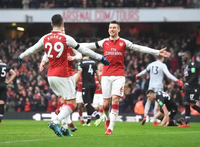 Framed Print : Arsenal's Koscielny and Xhaka Celebrate Goal Against Crystal Palace (2018)