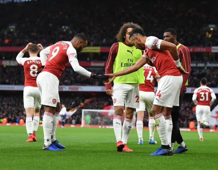 Framed Print : Arsenal's Lacazette and Aubameyang: Unstoppable Duo in Full Swing as They Celebrate Goals Against Tottenham in the 2018-19 Premier League Clash Framed Print : Arsenal's Lacazette and Aubameyang: Unstoppable Duo in Full Swing as They Celebrate Goals Against Tottenham in the 2018-19 Premier League Clash
