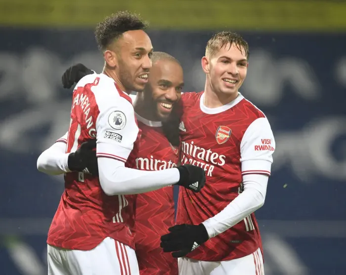 Framed Print : Arsenal's Lacazette, Aubameyang, and Smith Rowe Celebrate Goals Against West Bromwich Albion (January 2021)