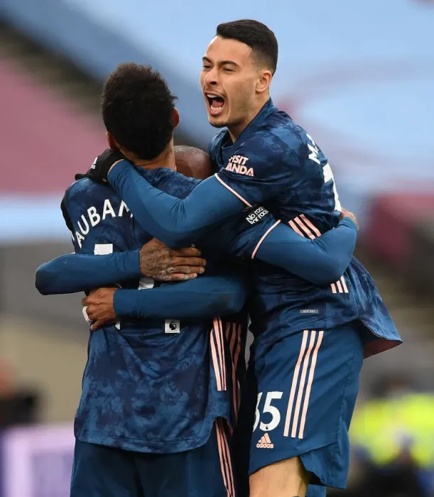 Framed Print : Arsenal's Lacazette, Aubameyang, and Martinelli Celebrate Goals Against West Ham in Premier League