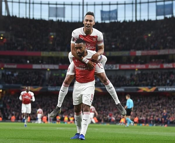 Arsenal's Lacazette and Aubameyang Celebrate Goal in Europa League Semi-Final vs Valencia